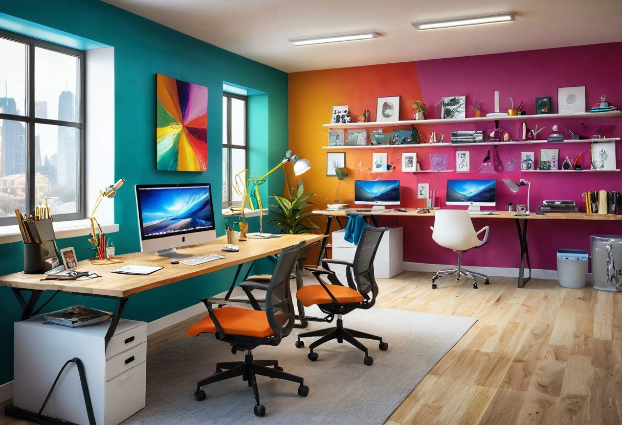 A bright and colorful workspace filled with Autodesk software on screens, showcasing joyful designs and creative solutions. Include sketches, 3D models, and digital art in the background. The atmosphere should be invigorating and inspiring, highlighting creativity and innovation. The overall mood should be cheerful and uplifting, with splashes of vibrant colors. super-realistic. vibrant colors. creative design elements.
