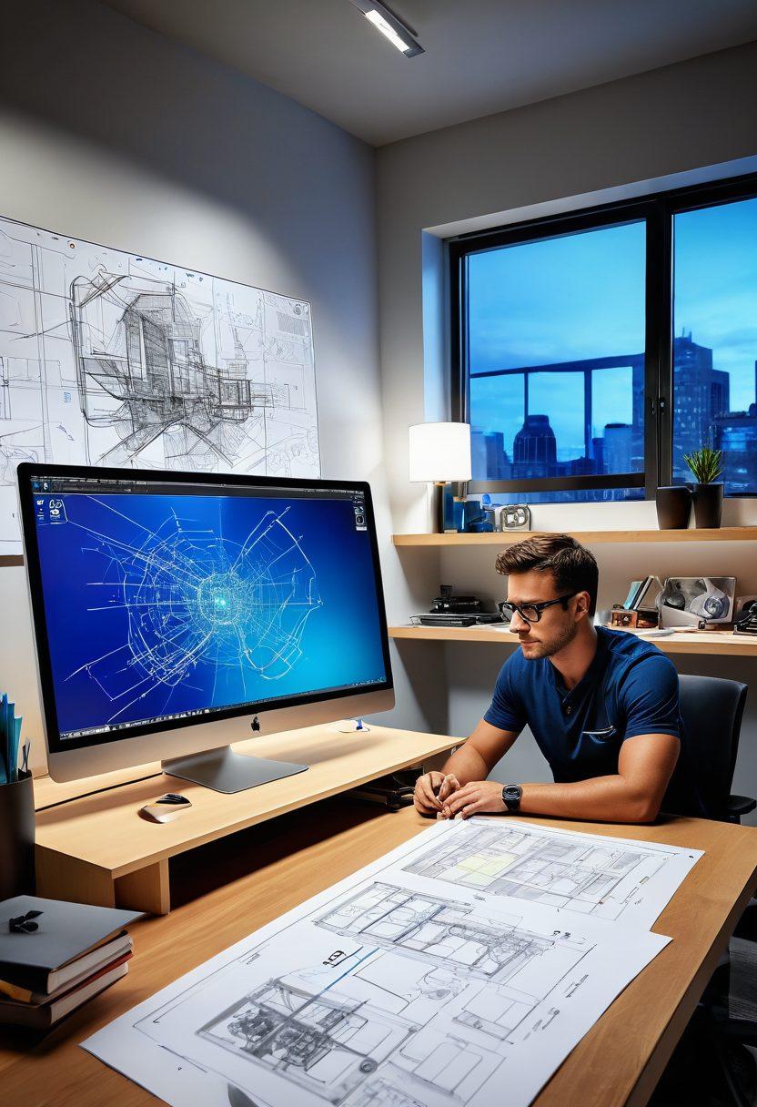 A dynamic workspace showcasing a designer engrossed in using Autodesk software on a sleek computer, surrounded by blueprints, 3D models, and innovative tools lit by soft, inspiring lighting. Include elements that reflect the journey from concept sketches to digital creations, with vibrant colors that convey creativity and satisfaction. The background can feature an abstract design representing the flow of ideas. super-realistic. vibrant colors. 3D.