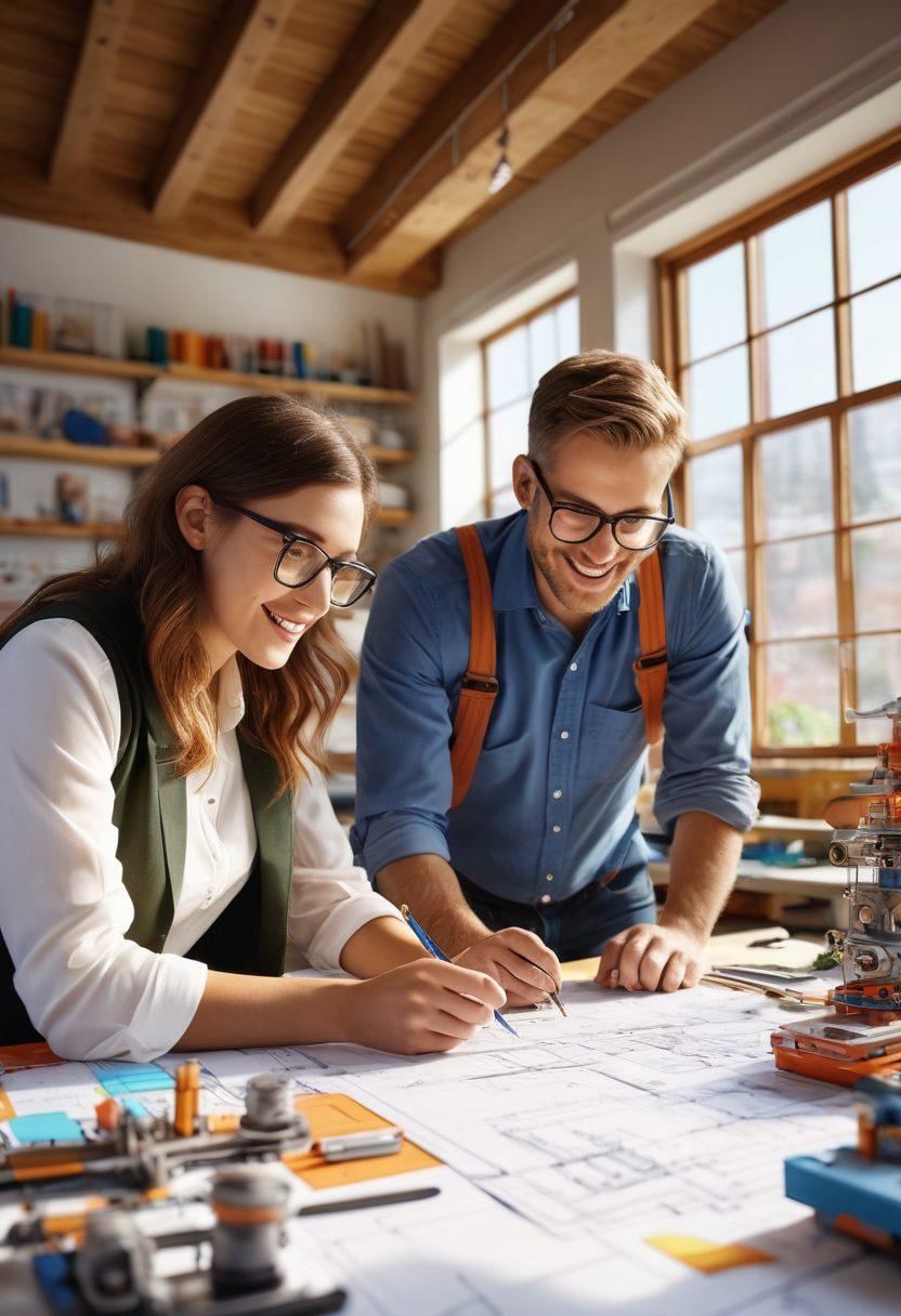 A vibrant workspace filled with colorful blueprints, cheerful engineers collaborating over a 3D model, surrounded by tools and gadgets showcasing innovative designs. Bright sunlight streaming through large windows, accentuating the creativity and energy of the space. Cheerful expressions on the engineers' faces, signifying joyful collaboration and unique problem-solving. super-realistic. vibrant colors. airy atmosphere.